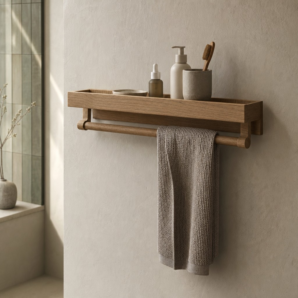Baetica Towel Ledge, wall storage for 5 kg total; 2 kg on ledge and 3 kg on rail.